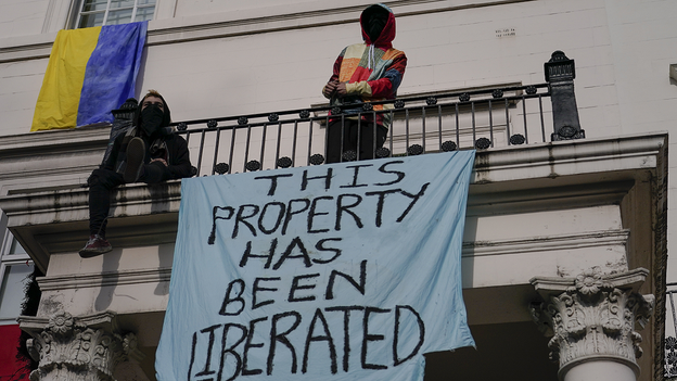 Photos show activists occupying London property linked to Russian oligarch