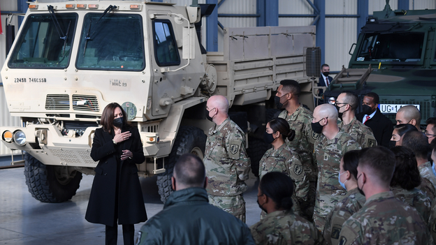 VP Harris meets with US troops in Poland