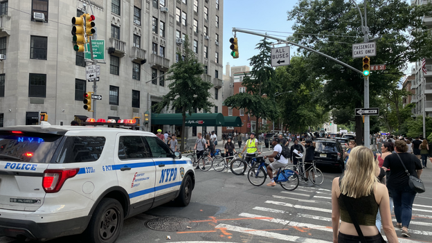 New York City pro-choice protesters block street with bicycles following reversal of Roe v. Wade