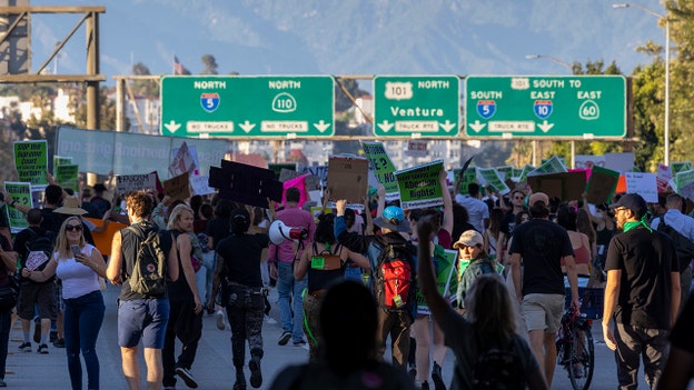 Police declare unlawful assembly in downtown LA; protesters block traffic on freeway