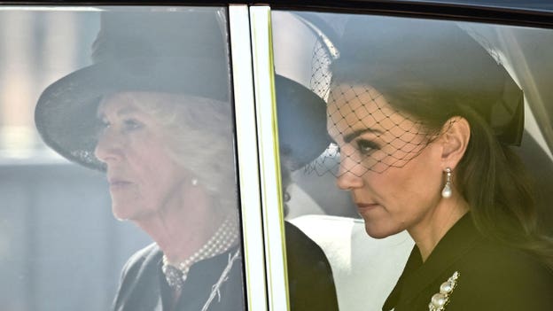 Queen Consort Camilla, Kate Middleton and Meghan Markle follow procession in cars