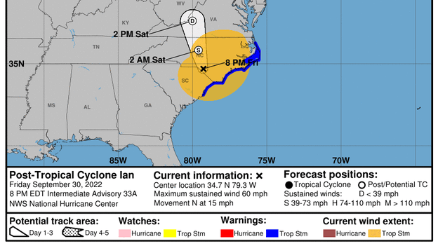 Post-tropical Cyclone Ian enters North Carolina, expected to dissipate late Saturday