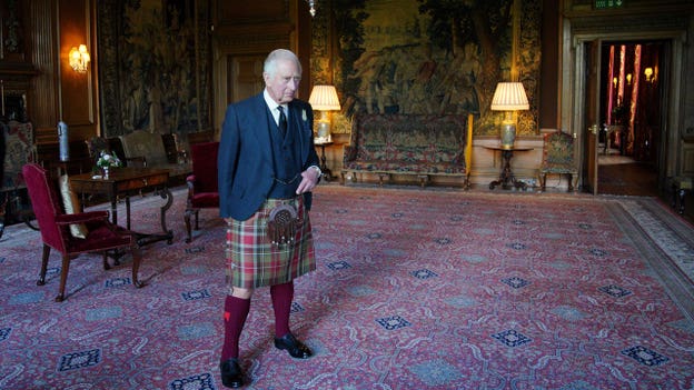 King Charles III arrives at the Scottish Parliament to receive a Motion of Condolence