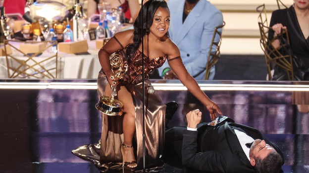 Quinta Brunson brushes Jimmy Kimmel off stage while winning first Emmy for 'Abbott Elementary'