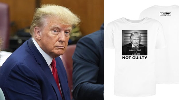 Trump campaign uses arraignment to fundraise, sell t-shirts featuring fake mugshot