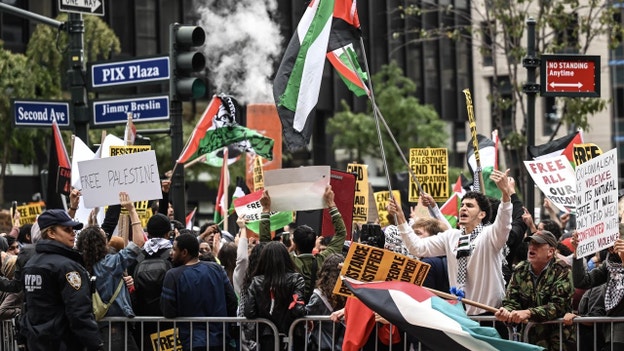 Pro-Palestinian protesters gather to blame Israel for Hamas terrorist attack