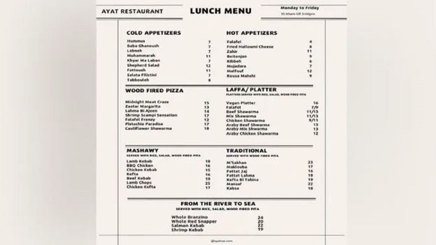 New York City Palestinian restaurant menu sparks outrage: 'It has nothing to do with violence'