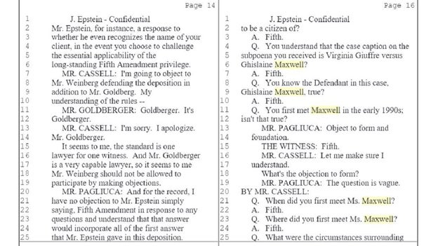 Epstein pleaded the Fifth Amendment hundreds of times, refused to admit he knew Ghislaine Maxwell