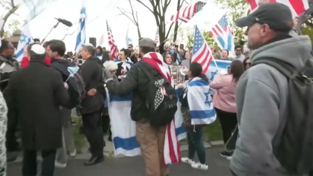 Counterprotesters march toward anti-Israel demonstrators at Columbia University