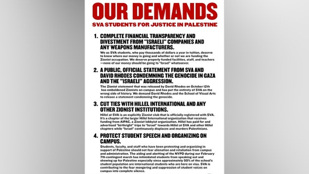 Anti-Israel protesters at NYC’s School of Visual Arts make list of demands