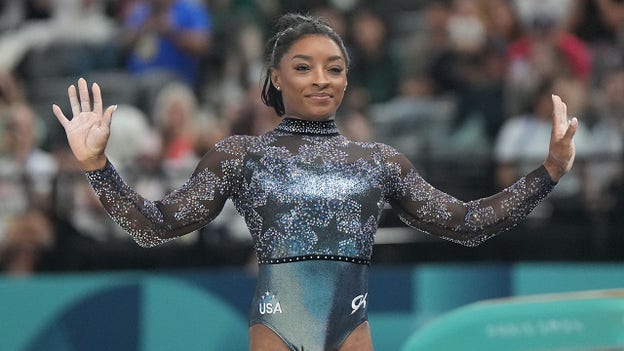 Simone Biles in action at the 2024 Summer Olympics on Tuesday