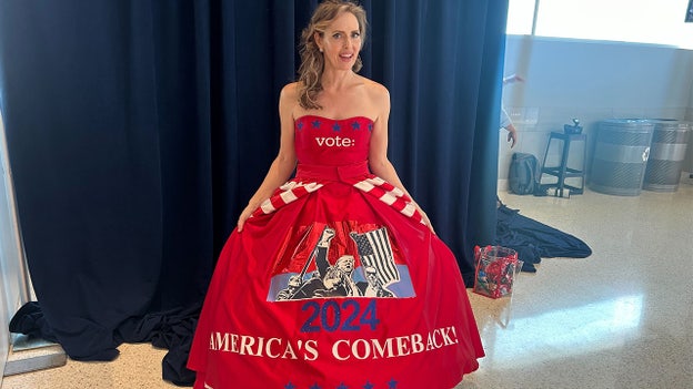 RNC attendee wears dress with Trump Pennsylvania rally image