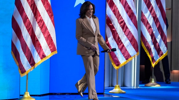 Harris arrives at DNC, praises 'incredible' President Biden