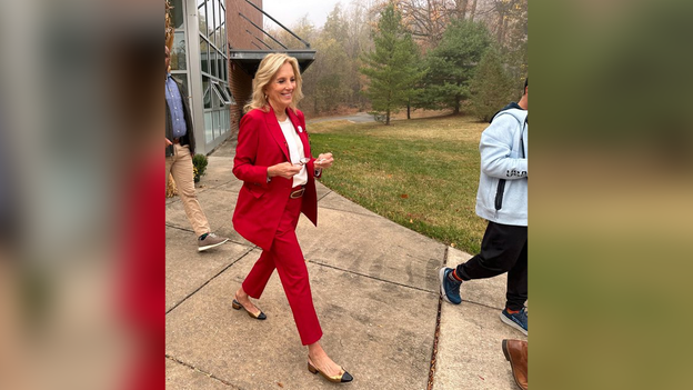 Social media loses it over first lady Jill Biden’s seemingly GOP-colored Election Day outfit