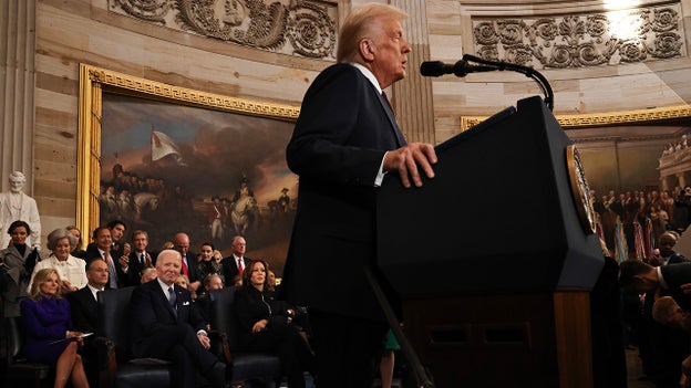 Trump assails Biden-Harris administration as former president and vice president look on