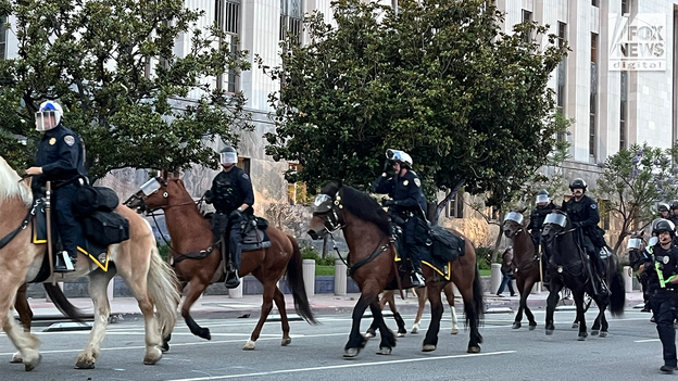 Mounted LAPD officers on horseback march downtown amid curfew