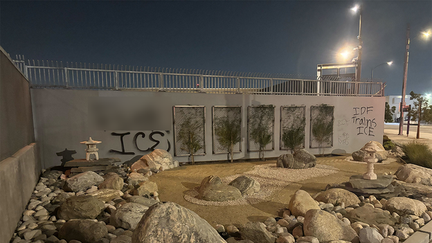 ‘IDF trains ICE’ graffitied on a wall during anti-ICE protests in Los Angeles