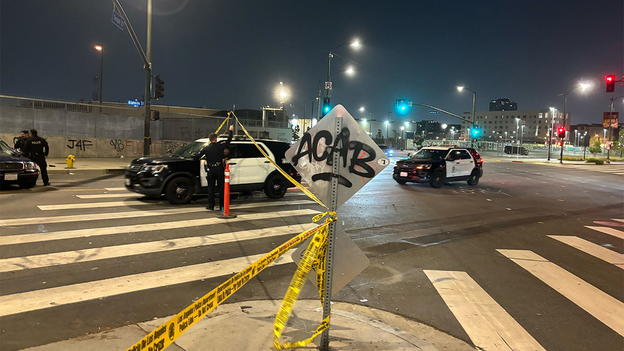 LAPD vehicles return to a staging area after patrolling the streets during anti-ICE protests