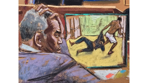 Diddy's defense team points out 'ghostlike' figure in hotel footage of rapper attacking Cassie