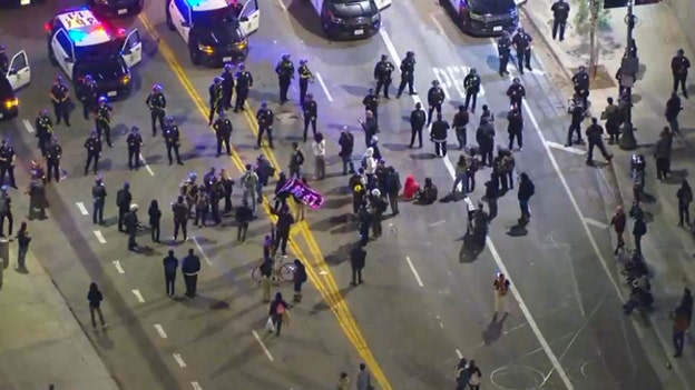 LAPD officers in riot gear respond to protest at Metropolitan Detention Center in Los Angeles