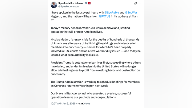 Speaker Johnson touts ‘justified,’ ‘decisive’ action to extract Maduro, lawmakers to get briefings