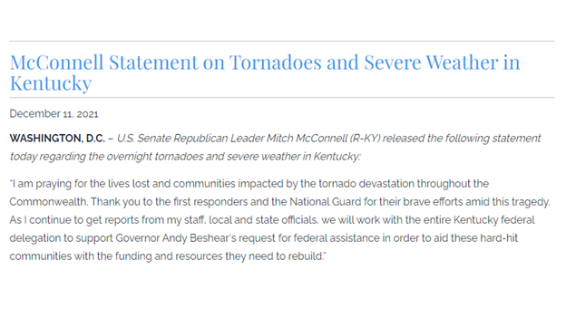 Sen. Mitch McConnell releases a statement following overnight tornadoes in Kentucky