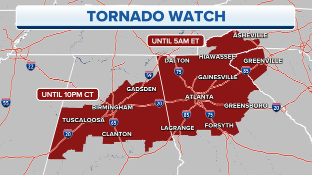 Tornado Watch extends in Georgia, North Carolina, South Carolina until 5 am ET