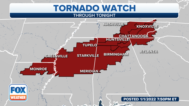 Tornado Watch issued for parts of Alabama, Tennessee, Georgia & North Carolina