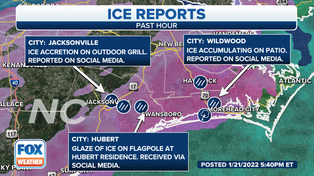 Freezing rain reports from SE North Carolina