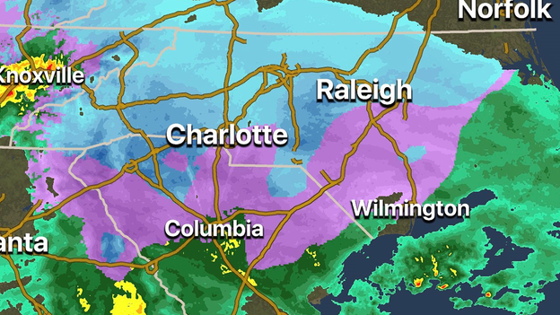 Snow, ice, rain spreads across Carolinas on the FOX Weather 3D Radar