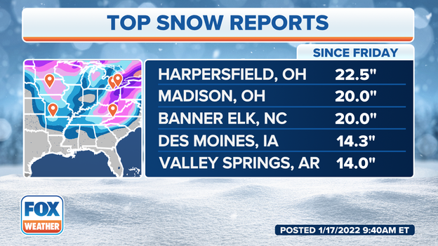 Snow reports top 20 inches in Ohio, North Carolina