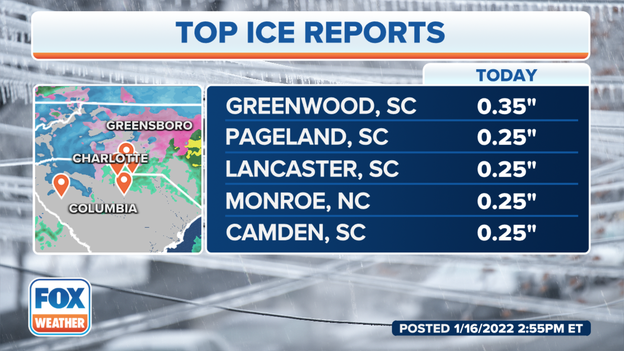 Top ice reports in the Southeast so far