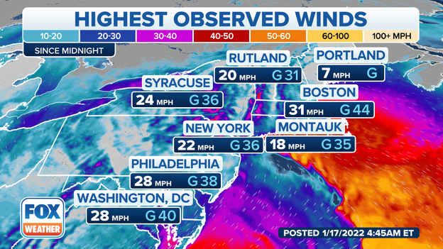 44 mph wind gust reported in Boston