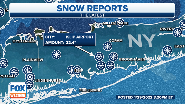 Over 22 inches of snow reported along Long Island