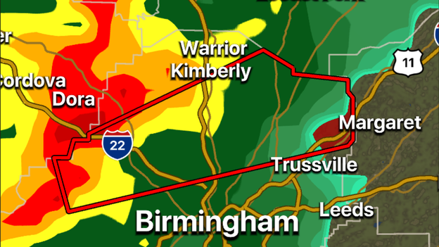 Tornado-warned storm continues tracking north of Birmingham, AL