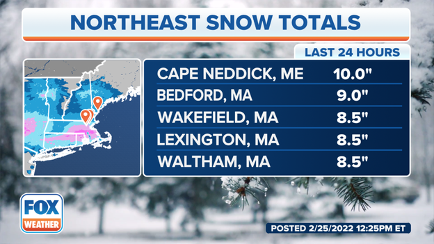 Up to 10 inches of snow recorded in New England