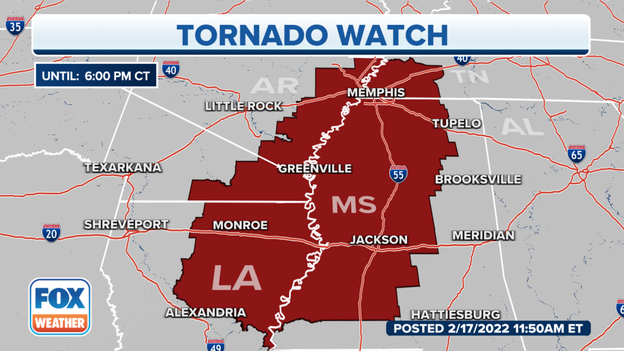 Tornado Watch issued for parts of Arkansas, Louisiana, Mississippi and Tennessee