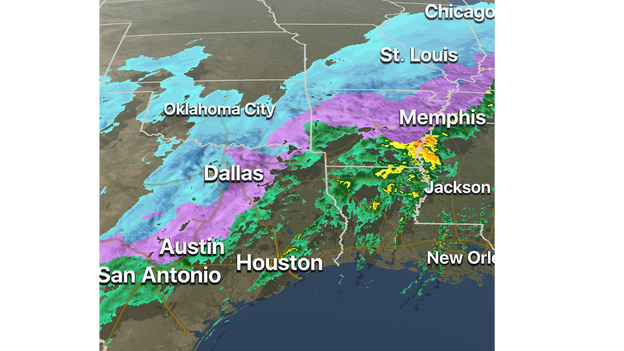 Where snow, freezing rain are falling as of 8:30 a.m. Central