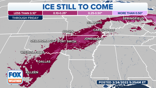 Highest ice amounts expected in parts of Arkansas, Missouri on Thursday