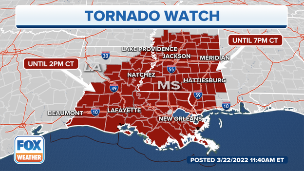 New Tornado Watch issued for southeastern Louisiana, southern & central Mississippi