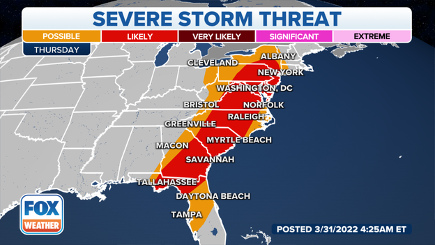 Severe storms with damaging winds, a couple of tornadoes possible along East Coast