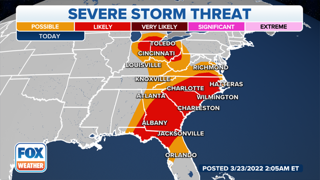 Threat for severe storms shifts east on Wednesday