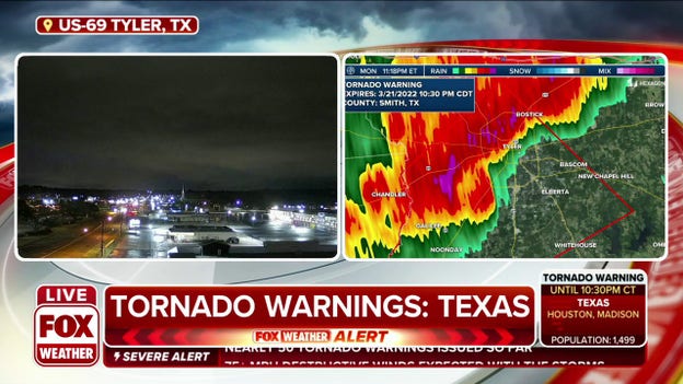 Tornado-warned storm headed toward Tyler, Texas