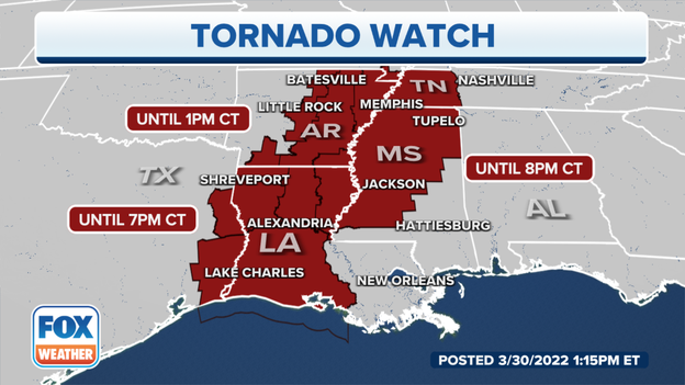New Tornado Watch includes parts of Tennessee, Mississippi until 8 p.m. Central