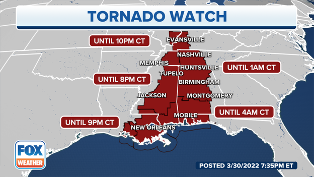 Tornado Watch issued for parts of MS, AL and FL into overnight hours