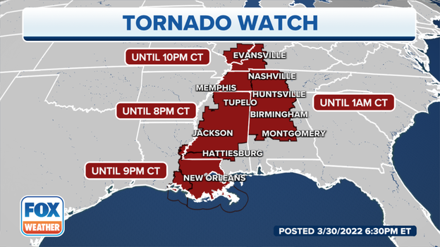 Tornado Watch issued for Alabama, Tennessee into overnight hours