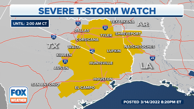 Severe Thunderstorm Watch in effect until 2 a.m., extended into Louisiana
