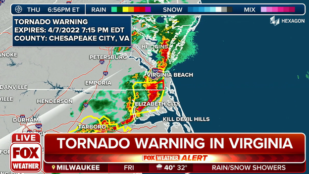 Tornado-warned storm near the City of Chesapeake, VA