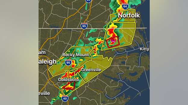 FOX Weather 3D Radar tracking severe storms across eastern North Carolina