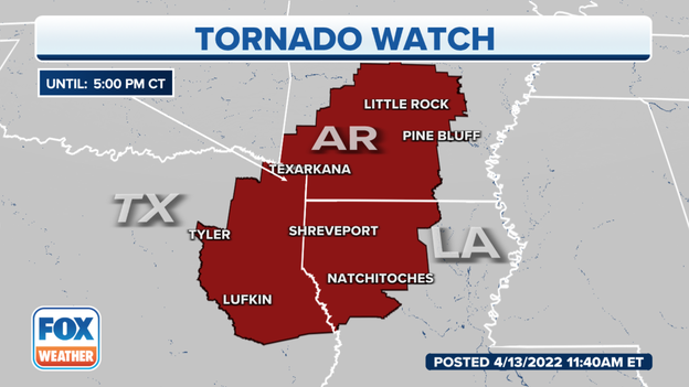 Tornado Watch issued for parts of Arkansas, Louisiana, Texas